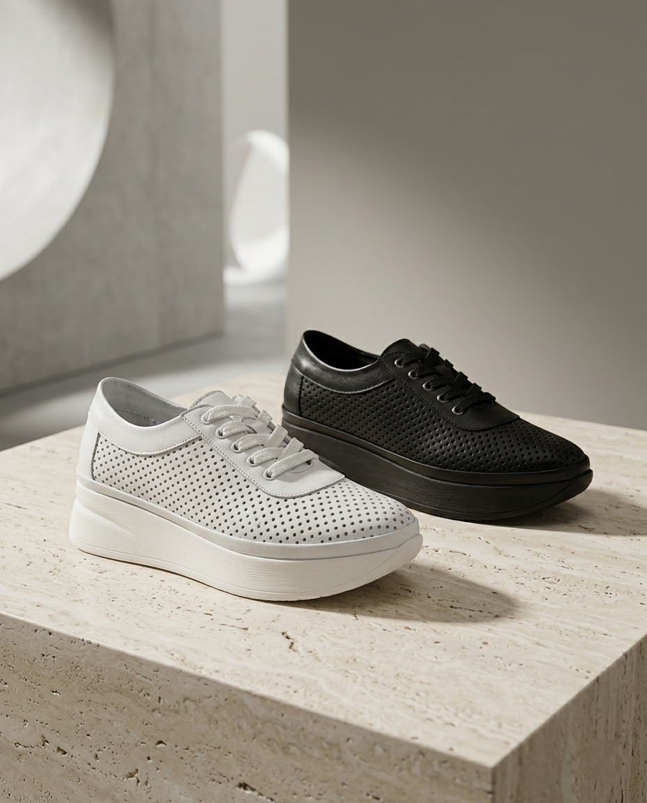 Պերֆորացված պլատֆորմ կոշիկներ՝ շնչող, հարմարավետ և հեշտ համադրվող առօրյա ընտրություն։ Перфорированные туфли на платформе — удобная и дышащая модель для активного дня. Perforated platform shoes for a breathable, comfortable, everyday look.